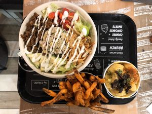 quinoa taco bowl, mac and cheese, and sweet potato fries at By Chloe - Fenway in Boston