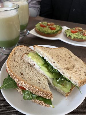 CLT sandwich and the avocado toast (he went with the gluten free bread instead of the default bagel). And oat matcha lattes!   at The Tea Lounge in London