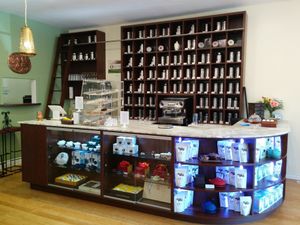 wall of tea at The Tea Lounge in London