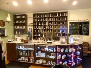 Wall of tea houses over 100 selections of teas & tisanes, with some of our many tea ware, accessories & gift items at The Tea Lounge in London