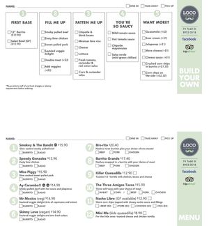 Menu ~ Ask about the additional vegan filling options 😉  at Loco Burrito in Alice Springs
