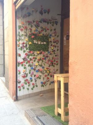 Detail of the restaurant's entrance at Masa Madre in Madrid
