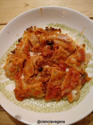 Lasaña (segundo del menú del día). Foto tomada después de trocearla at Masa Madre in Madrid