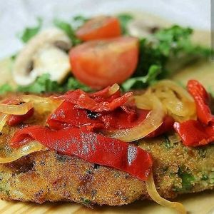 Cachopo asturiano vegano rellenos de bechamel, queso vegan y vacon vegan. Acompañado de patatas y salsa especial!!! at Masa Madre in Madrid