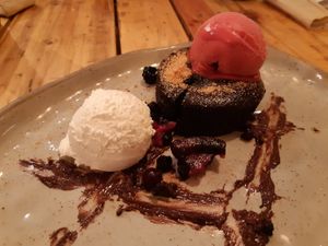 Desserts / Brownie with strawberry icecream at Masa Madre in Madrid