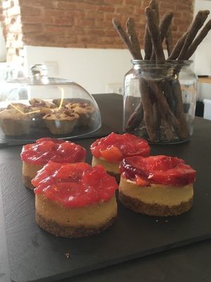 Organic cashew cheesecake with caramelized plum topping at Bunny's Deli in Madrid