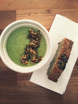 Spinach cashew cream soup with fresh zucchini bread at Bunny's Deli in Madrid