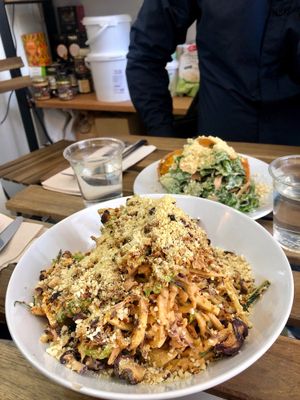 Raw Veggie Noodles with Smoky Tomato Cashew Cream (Pumpkin & Parsley Quiche with Side Salad in the background) at Bunny's Deli in Madrid