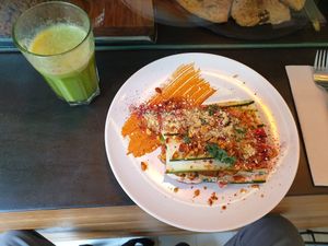 Raw vegan  lasagna and  smoothie.  Isn't  it beautiful ? at Bunny's Deli in Madrid