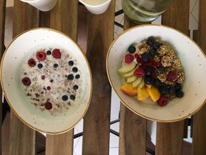 Breakfast bowls (granola and fruit w/ coconut yogurt) at Bunny's Deli in Madrid