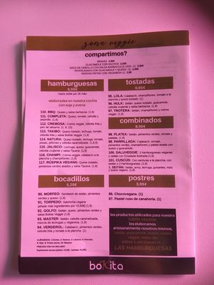 Carta vegana at Bokita Hamburgueseria in Zaragoza