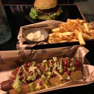 Weed dog, weed burger and chips with mayo at The Dutch Weed Burger - Food Truck in Amsterdam
