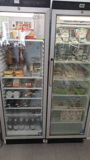 Refrigerated section with lots of vegan products like Taifun Tofu, vegan cheese, vegan burgers etc. at Nina Coop Store in Povoa De Varzim
