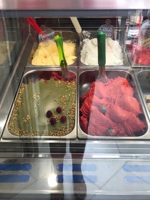 Pistachio & raspberry; passion fruit, Coconut at Fresca Passione Heladeria in Marbella