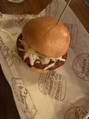 Veggie burger with “The above & beyond” toppings     at Burger Village in Hicksville