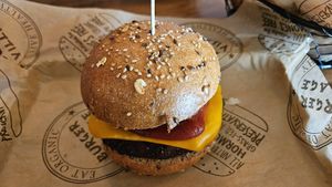 Spicy vegan village veggie burger at Burger Village in Hicksville