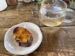 Caramelized sweet potato and hot elderflower tea.  at RK Garden in Karuizawa