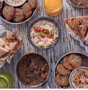 A typical Egyptian meal -fool, ta'meya, hummus. at Eatery in Cairo