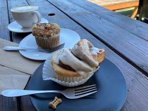 Soy latte, Shoofly berry muffin, Shoofly cinnamon roll, dog treat :) at Jet Black Coffee Company - Gateway in Portland