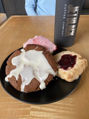 Molasses cookie, ginger raspberry scone and strawberry matcha scone   at Jet Black Coffee Company - Gateway in Portland