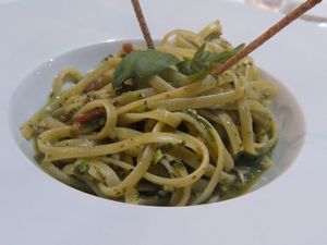Bavette with basil pesto nd dried tomatoes at Krokos in Agrigento