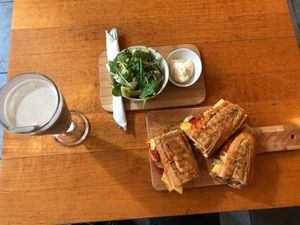 Mini-panini and salad with milkshake of peanut butter and banana hmmm at Sultans in Antwerpen