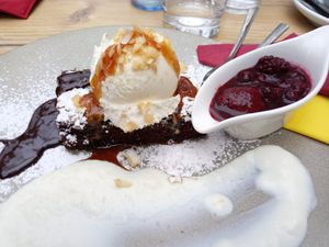 Vegan Brownie with Vanilla sauce &Vanilla ice-cream and berries at Thermenrestaurant in Baden