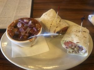 Buffalo seitan wrap & quinoa chili  at Union Jack Pub in Indianapolis