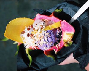 Purple Dragon with vegan salted ube ice cream, granola, tapioca pearls, blackberries, toasted coconut, red mung beans, dehydrated mango chip, and dragon fruit slices.  at Ube Kitchen - Food Stall in Brooklyn