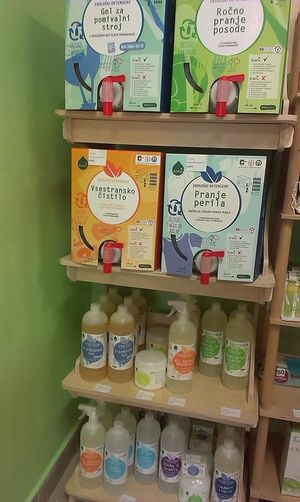 Reusable/refillable vegan cleaning products at Dobra volja in Celje