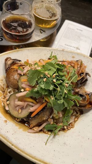 Lime Ginger Wild Mushroom Bowl w/ beers  at Pelican Brewing in Cannon Beach