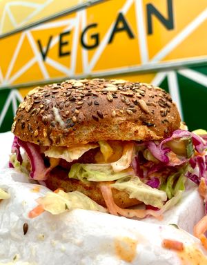 ‘Summer Time’ Chick’n Sandwich with coleslaw, jalapeños, chipotle mayo  at Sprouting Dreams in Dayton