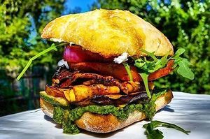 Summer Grilled Vegetable Sandwich with Almond Ricotta and Walnut Pesto. at Sprouting Dreams in Dayton