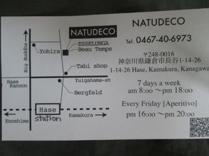 Address card for Natudeco showing location relative to Hase station at Natudeco in Kamakura