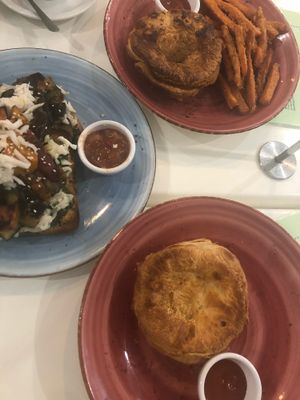 Vegan open melt with chikn and cheez and buttery chickn pie. YUM!  at ManicOrganic Cafe in Penrith