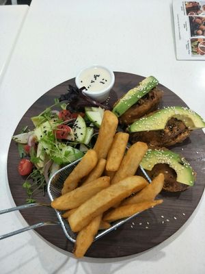 Vegan Fish Chips and Salad at ManicOrganic Cafe in Penrith