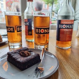 Vegan brownie with some lemonade at Logica Cafe Restaurant in Leiden