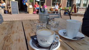 Cappuccino & coffee with oat milk at Logica Cafe Restaurant in Leiden