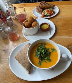Sweet potato soup + vegan bitterballen + vlamtosti😋  at Logica Cafe Restaurant in Leiden