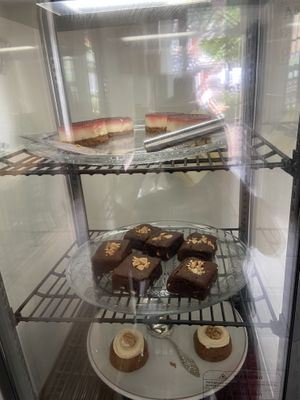 Vegan pastries: raspberry/strawberry cheesecake, walnut brownie and carrot cake by Rose & Vanilla. at Logica Cafe Restaurant in Leiden