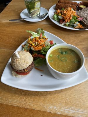 Trio- pumpkin soup + salad + vegan mini burger   at Logica Cafe Restaurant in Leiden