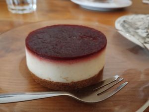 Vegan raspberry cheesecake at Logica Cafe Restaurant in Leiden
