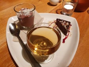 Trio of chocolatemousse, brownie and dessertwine at Logica Cafe Restaurant in Leiden