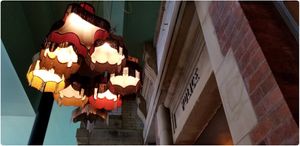 Original police station exterior wall & beautiful lampshades at Lounges - Molino Lounge in Oldham