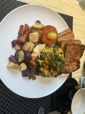 Spinach, kale JustEgg omelette. Very tasty accompanied with a oat latte. Delicious breakfast   at Wynn Hotel - Jardin in Las Vegas