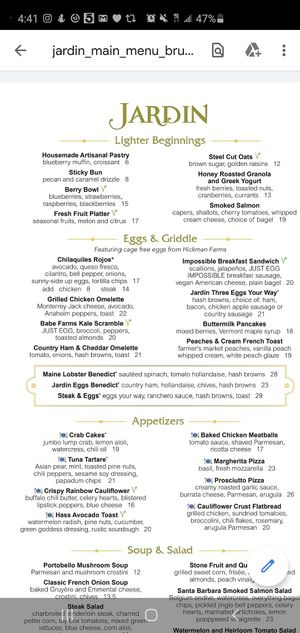 Menu as of Sept 2020 - no longer a seperate Vegan menu at Wynn Hotel - Jardin in Las Vegas