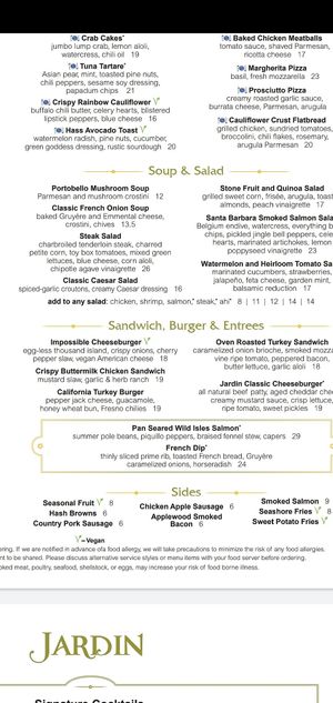 Menu as of Sept 2020, no longer a seperate Vegan menu at Wynn Hotel - Jardin in Las Vegas