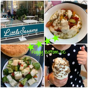 Tomato Hummus Bowl, pita, cucumber salad and tahini ice cream! at Little Sesame in Washington