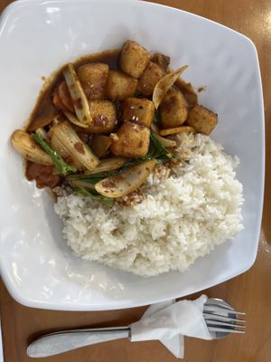Spicy Tofu and Rice  at Grace Road Kitchen in Savusavu