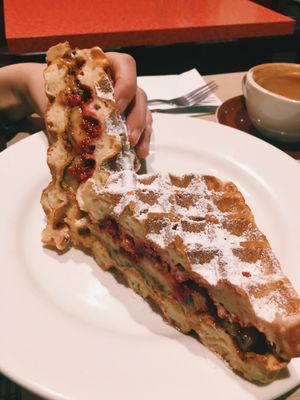 The elvis waffle with raspberries, peanut butter, banana. All vegan! at GoBang Espresso in Lower Hutt